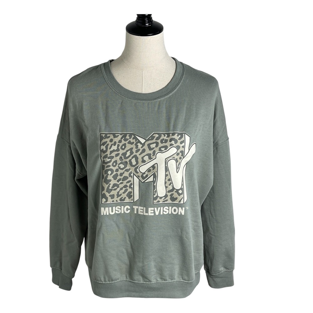 MTV Music Television Graphic Sweatshirt‎ Olive Green Leopard Print Logo Medium